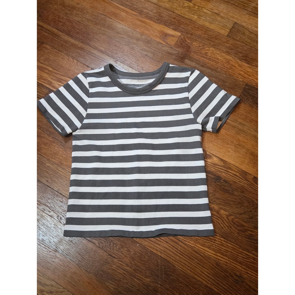 Harper & Ivy Grey White Striped Ribbed Cropped T-Shirt Large Short Sleeve Tee